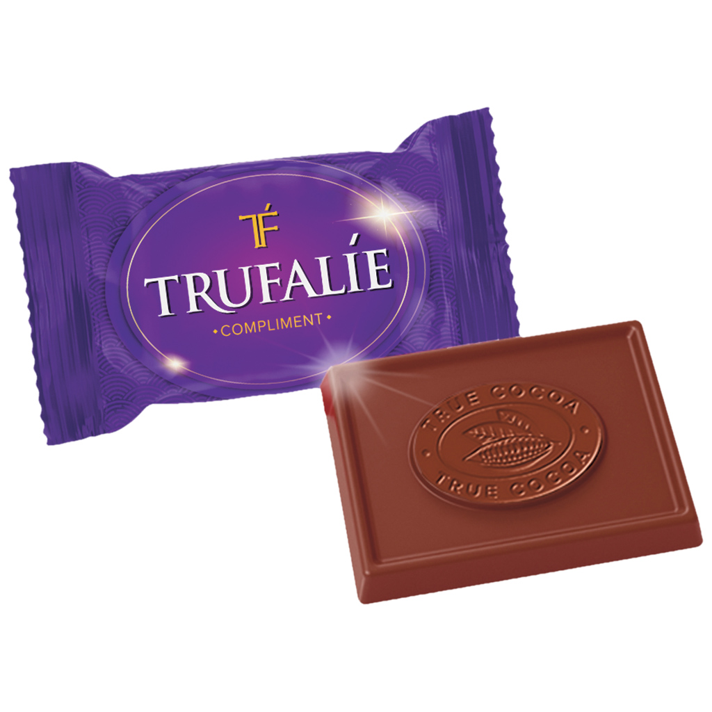 Konfekt "Trufalie Compliment" met vulling 42% in cacao-vetglazuur 58%. Cacao-aandeel 15%.