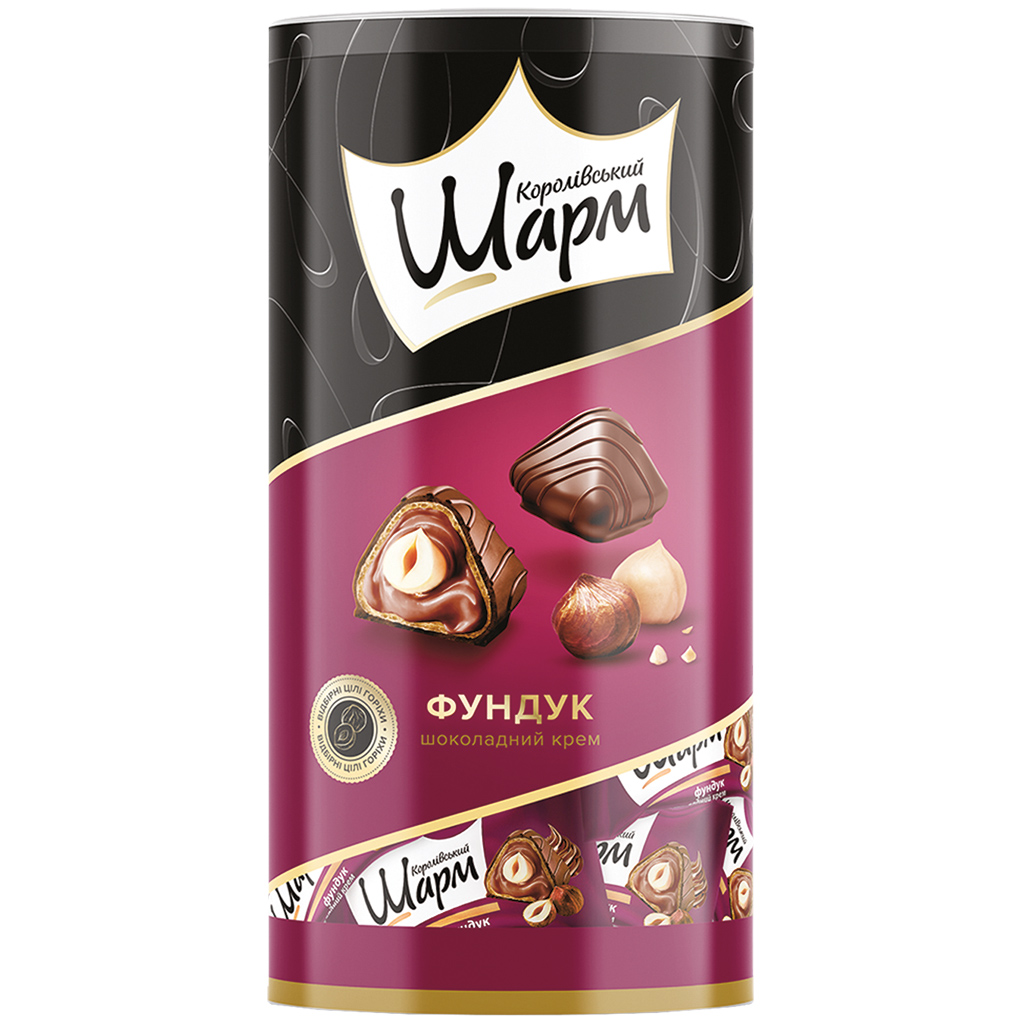"Korolivsky Sharm" Gevulde wafelbonbons met chocolade-smaakvulling (48%) en hele hazelnoot, omhuld met cacaohoudende vetglazuur (36%)