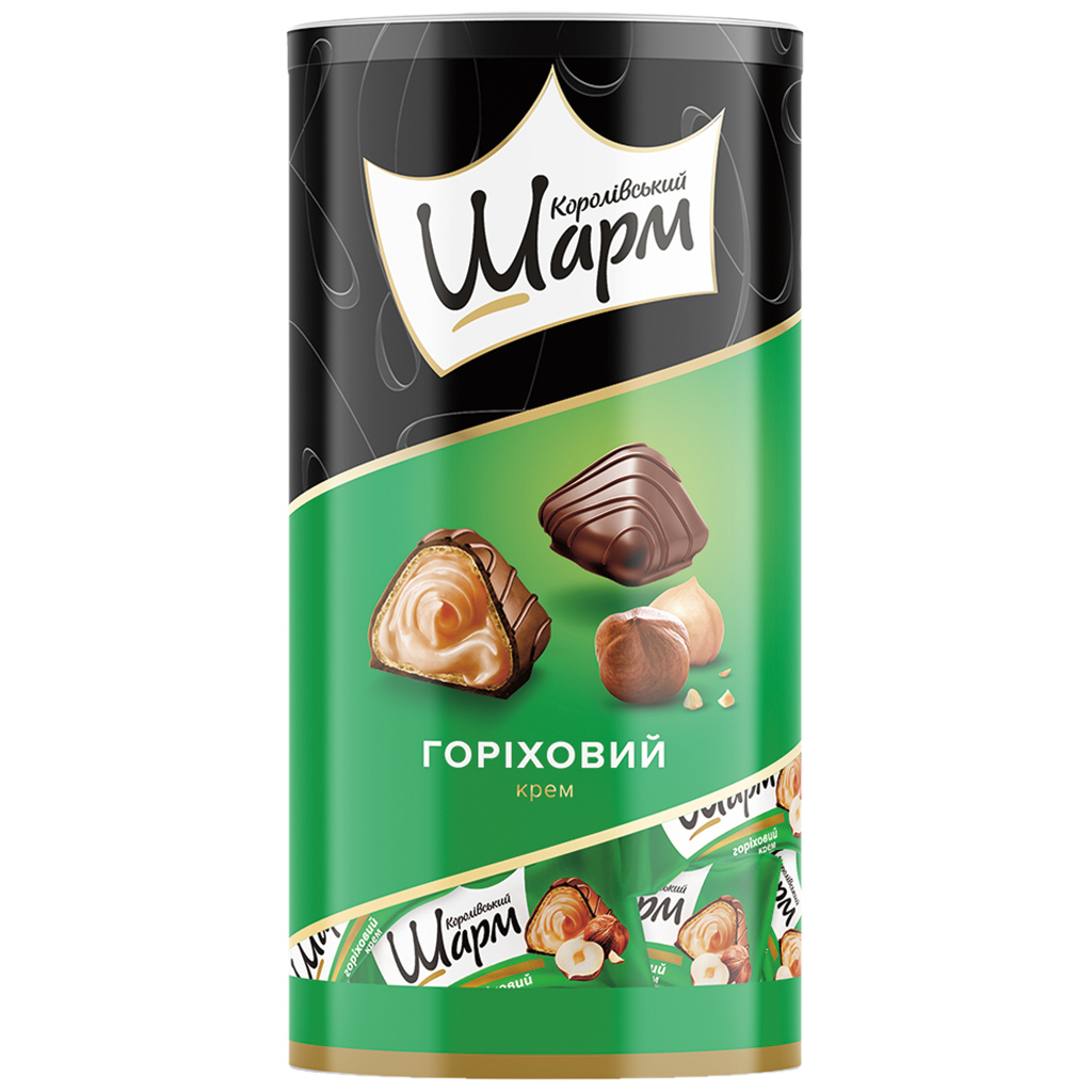 "Korolivsky Sharm" Gevulde wafelbonbons met hazelnootvulling (57%) en omhuld met cacaohoudende vetglazuur (36%)