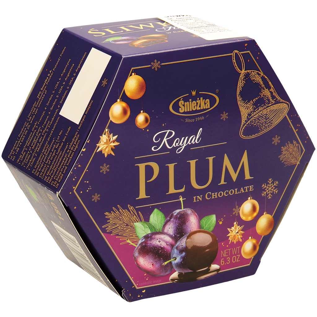 Gedroogde pruim in pralinemassa (26%) omhuld met chocolade. 