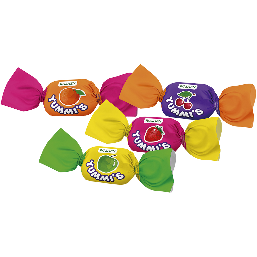 "Yummis" Zachte karamelmix in de smaken Sinaasappel, Aardbei, Appel, Kers.