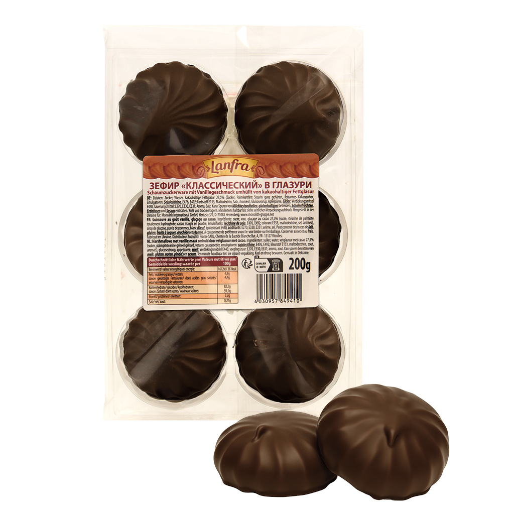 Vanille smaak schuimpjes omhuld met cacao-houdende vetglazuu