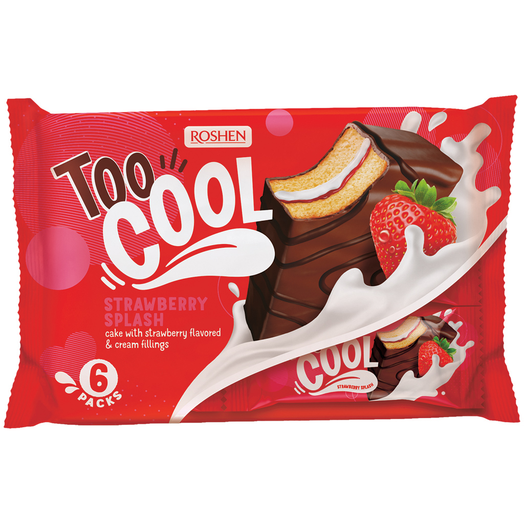 "TE GEK AARDBEI SPLASH" Biscuitreep, bedekt met 28% cacao-glazuur en gevuld met twee crèmevullingen met melk- (14%) en aardbeiensmaak (12%).