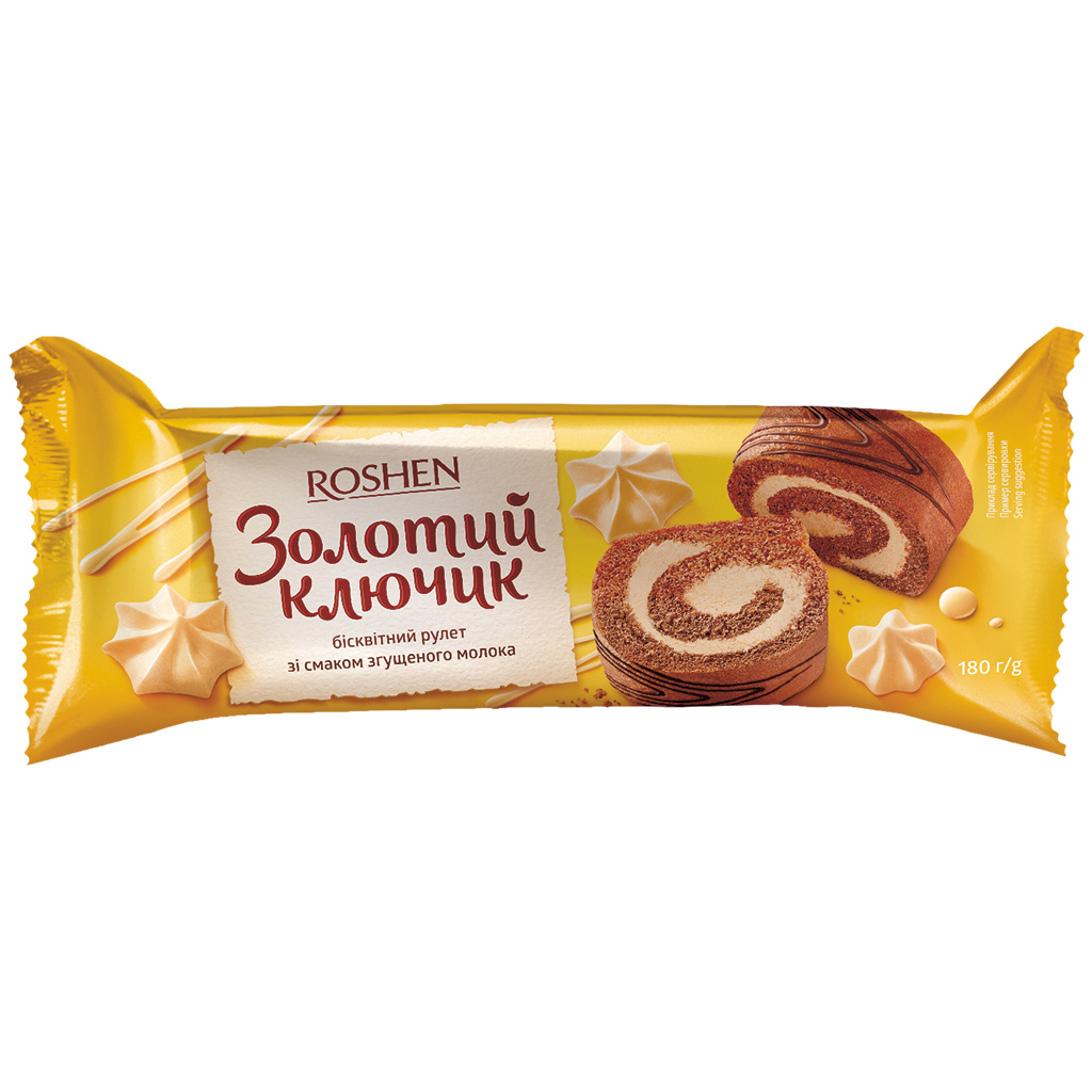 "Golden Key Roshen" Biscuitrol met een crèmevulling met gecondenseerde melk aroma (40%). Bevat alcohol.