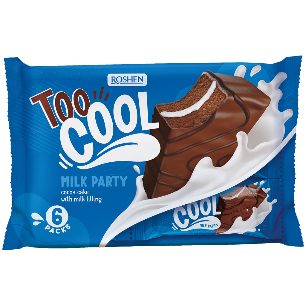 "TE GEKKE MELKFEEST" Biscuitreep, bedekt met 26% cacao-glazuur en gevuld met een vulling met melk smaak (27%)