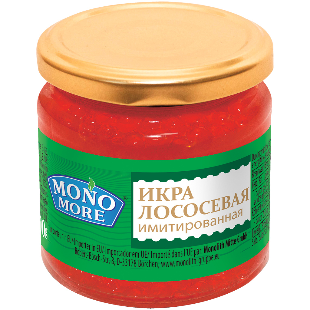 "MONO MORE" Lachskaviaar-imitaat uit visfond en alginaathuls.