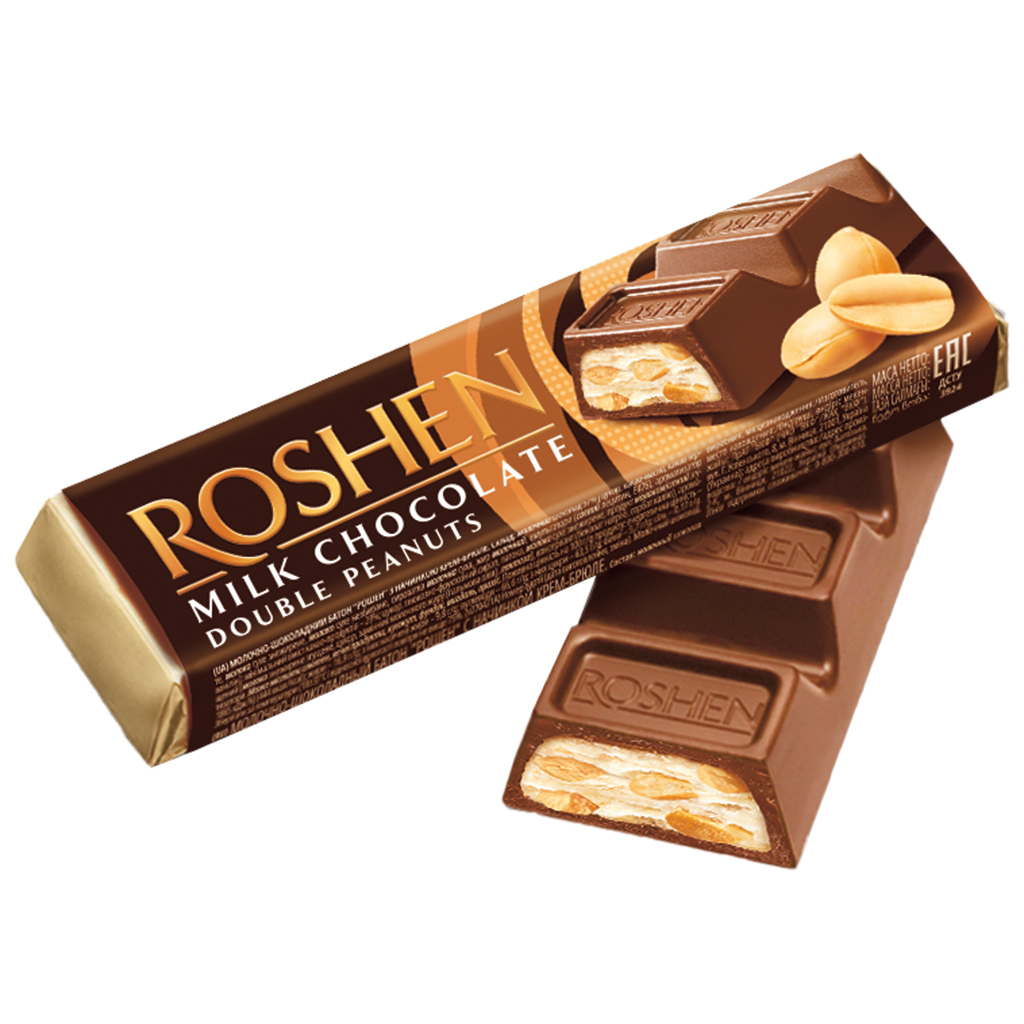 "DUBBELE PINDAS" Melkchocolade-repen met 35% pindakaasvulling met verkruimelde pinda's.