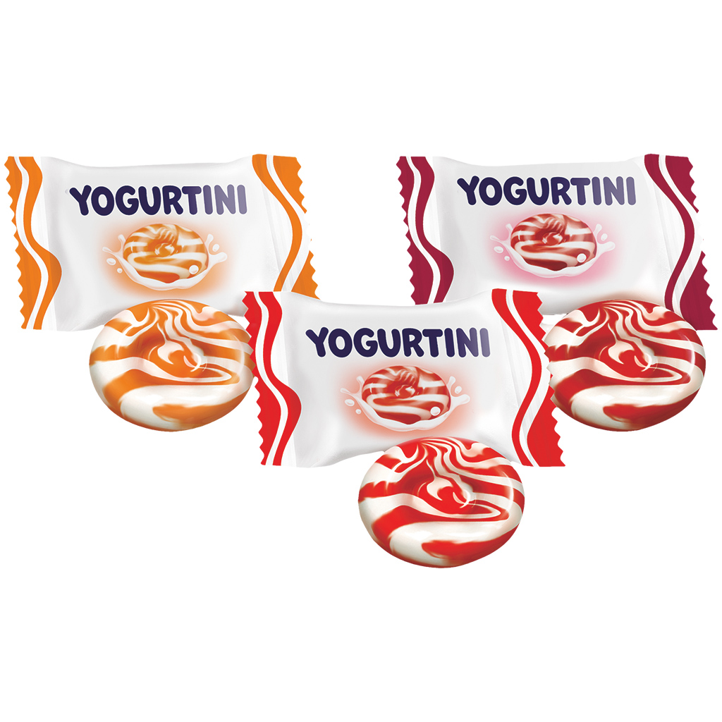 ROSHEN "YOGURTINI" Harde karamellen in de smaken "Perzik-yoghurt", "Kers-yoghurt", "Aardbei-yoghurt"