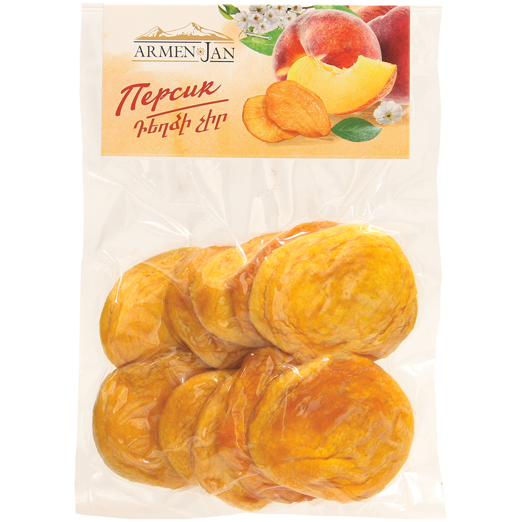 Perzikhelften, gedroogd, ontpit, gesulfuurd.