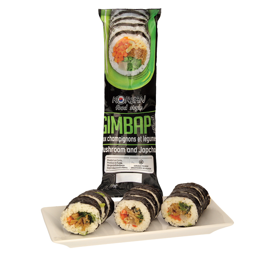 Замороженный гимбап (роллы) с тофу и лопухом. Продукт глубок