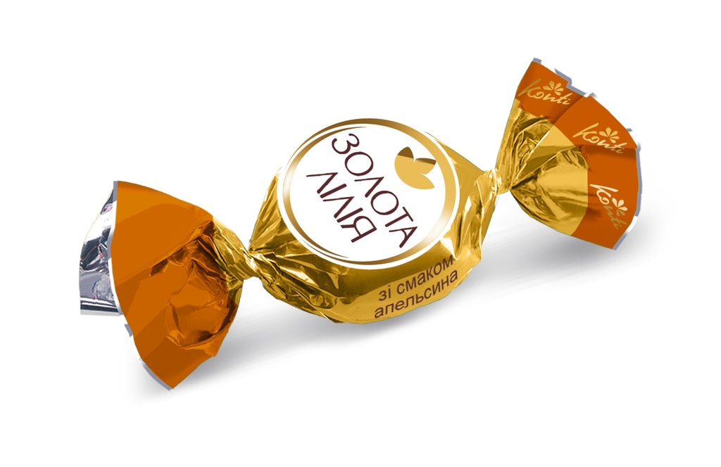 "GOLDEN LILY" Toffikonfekt "Golden Lily" met een vulling met sinaasappelsmaak (22%) in cacaohoudende vetglazuur (21%)