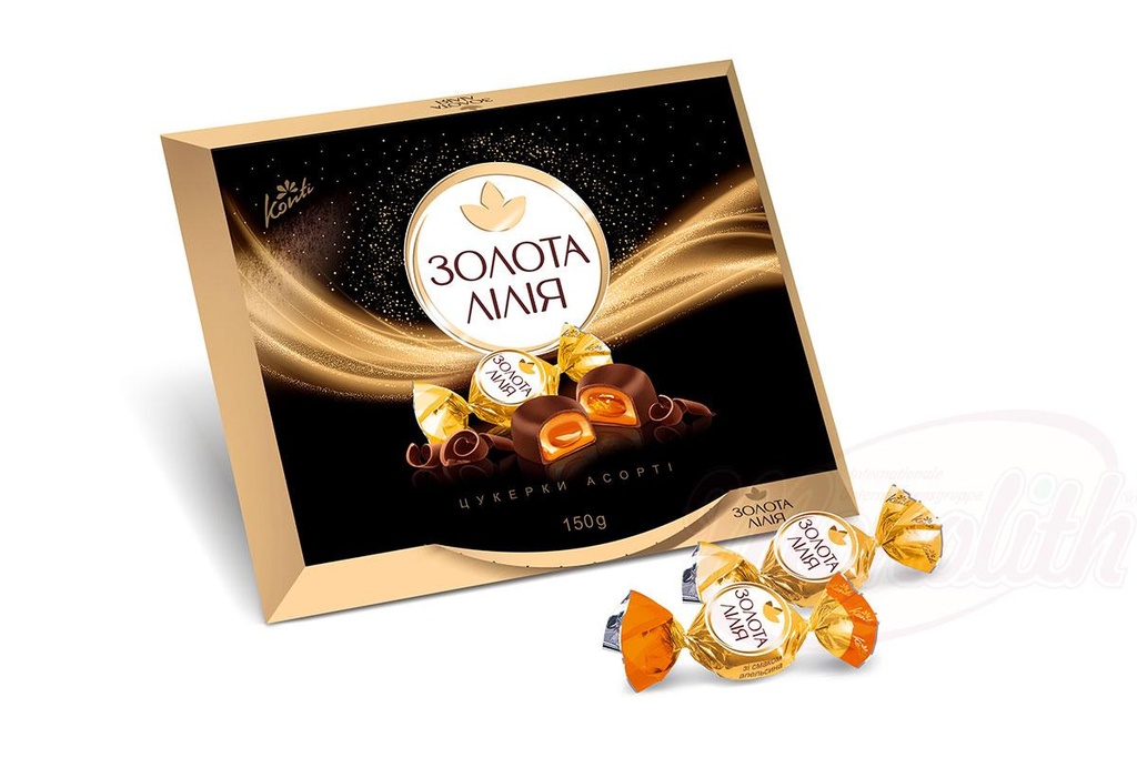 "GOLDEN LILY" Assorti "Golden Lily" van toffikonfekt met een vulling met melk smaak (22,1%) in cacao-vetglazuur (21%) en toffikonfekt met een vulling met sinaasappelsmaak (22%) in cacao-vetglazuur (21%)