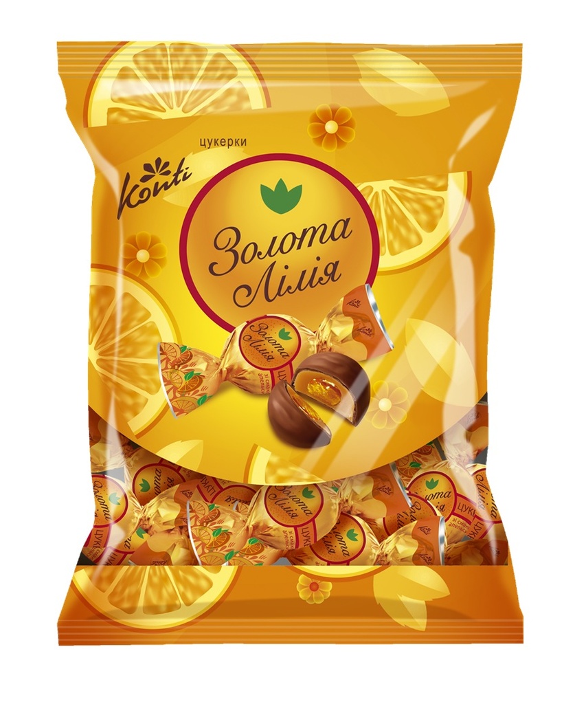 "GOLDEN LILY" Toffikonfekt "Golden Lily" met een vulling met sinaasappelsmaak (22%) in cacaohoudende vetglazuur (21%)
