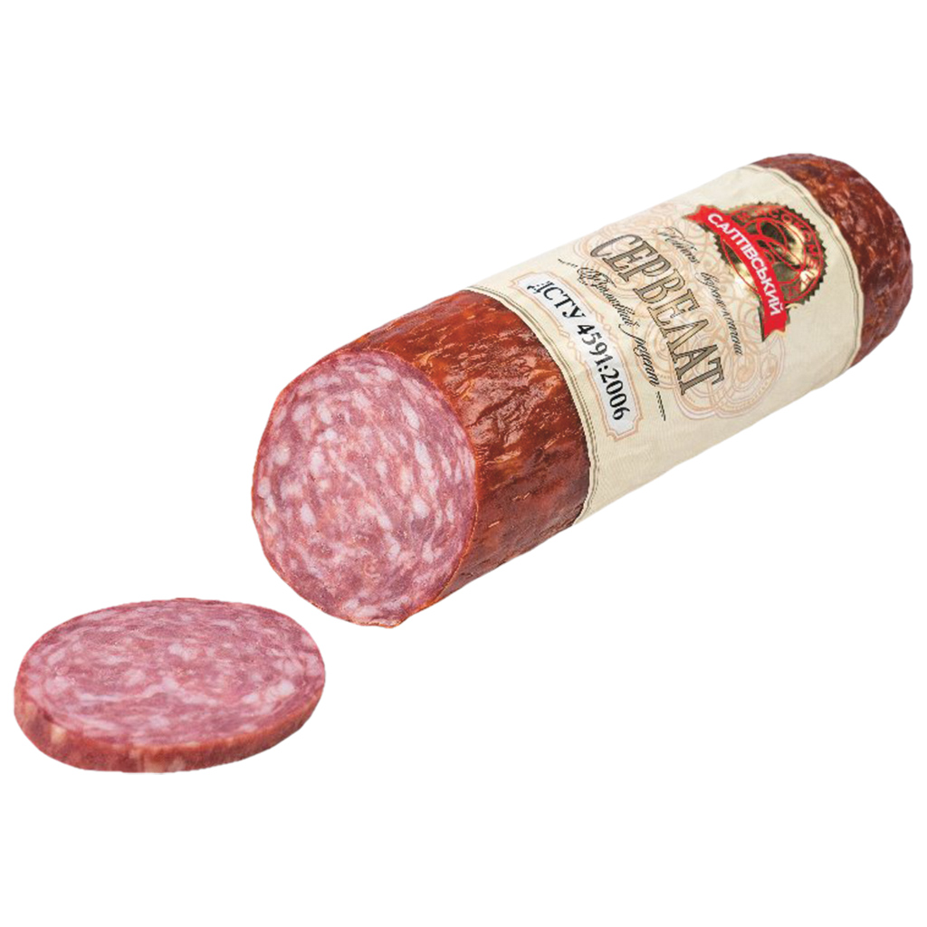 Копченая вареная колбаса из свинины и говядины "Сервелат" по