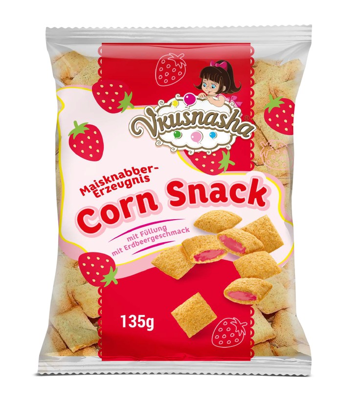"VKUSNASHA" Maisknabbelproduct met vulling met aardbeiensmaa