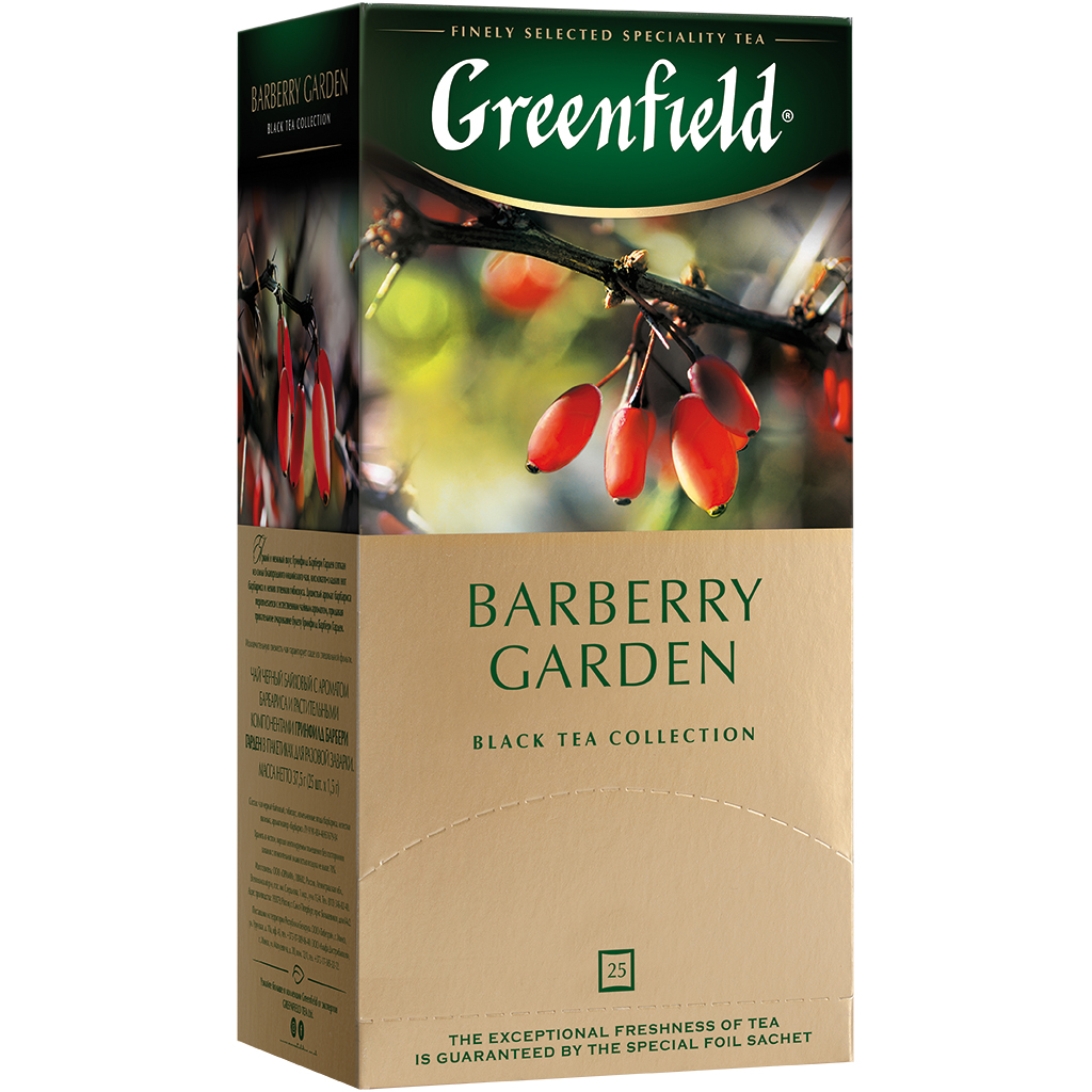 Zwarte thee met hibiscus en berberis "Greenfield Barberry Garden", gearomatiseerd – berberis. In theezakjes. 25 x 1,5g