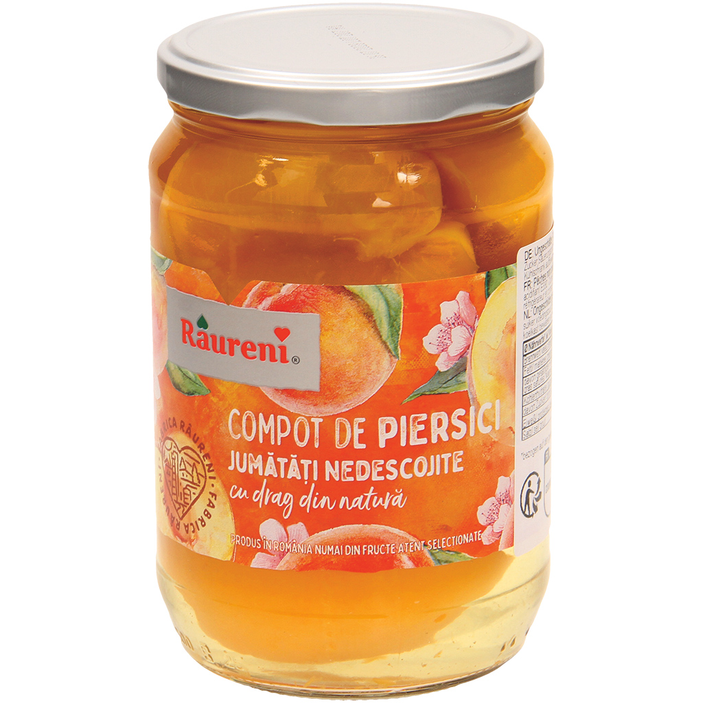 Ongepelde perziken, halve vrucht, gezoet. Gepasteuriseerd "R