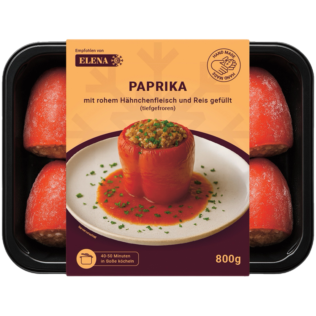Paprika gevuld met kipvlees (rauw, versnipperd) en rijst
