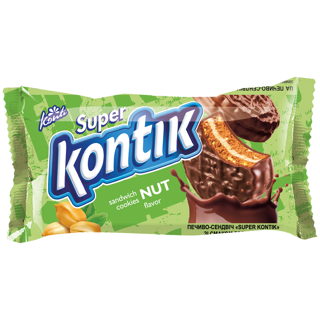 "KONTI" Doppelkeks "Super Kontik" met crèmevulling 14,6% met pinda-hazelnootsmaak in cacaohoudende vetglazuur 27%