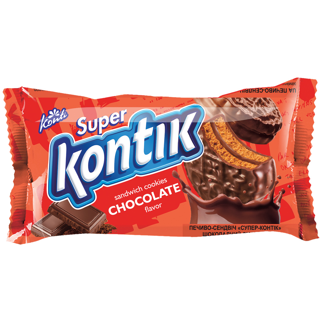 "KONTI" Печенье-сэндвич "Супер-Контик" с начинкой шоколадного вкуса в глазури