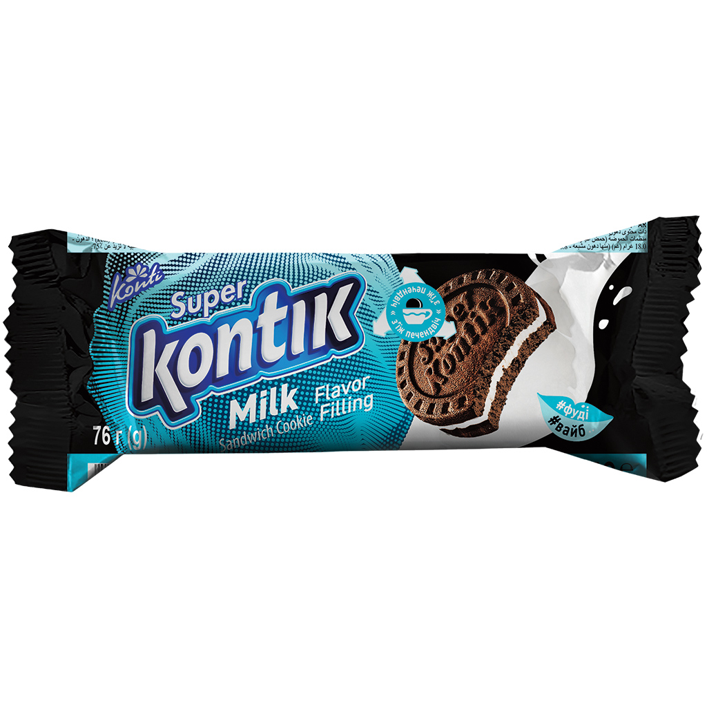 "KONTI" Cacaohoudende Doppelkeksen "Super Kontik" met 20% roomvulling met melk-smaak