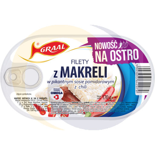 Makreelfilets in pittige tomatensaus met chili. 170g