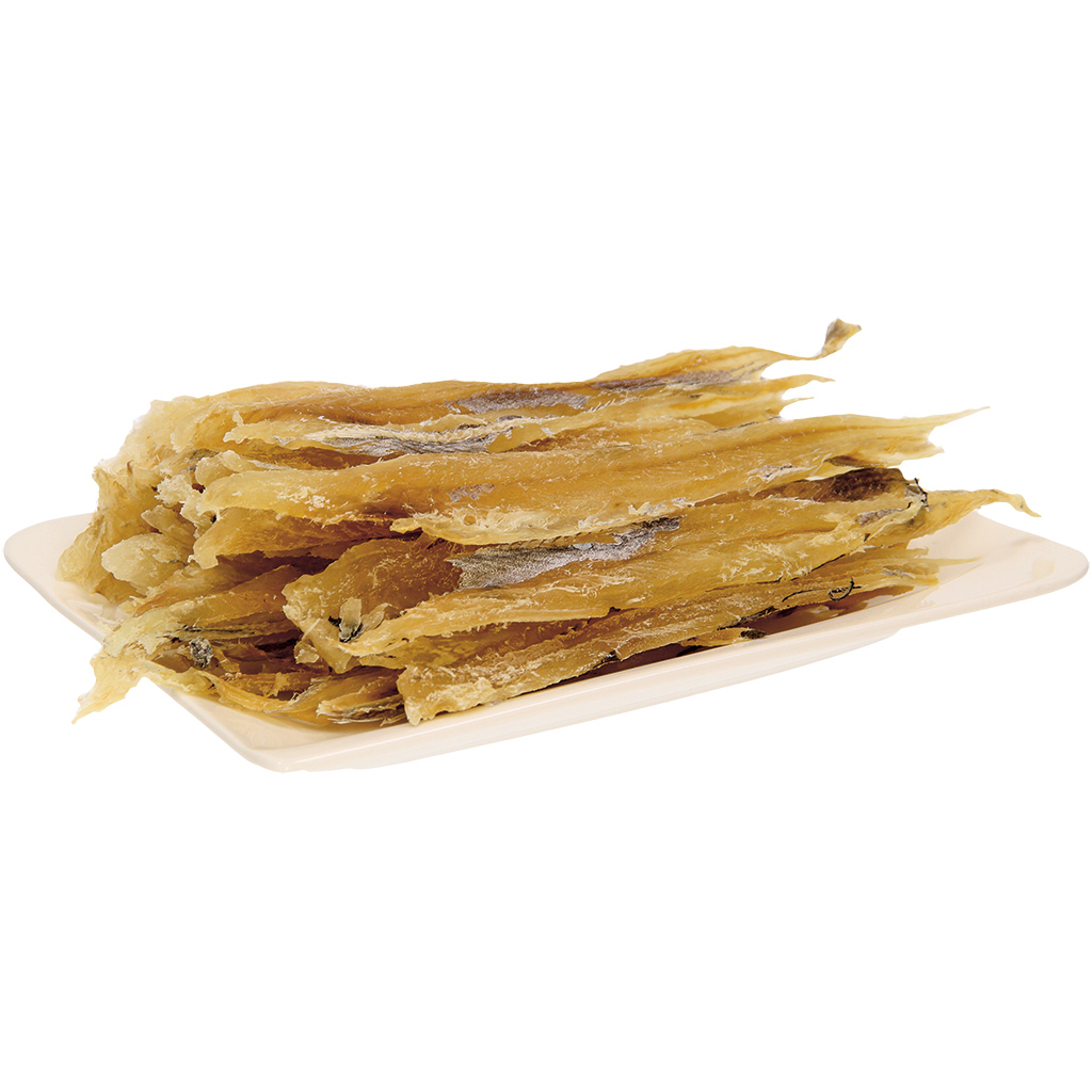 Snack van Blauwe Wittling (Micromesistius poutassou) in filetrepen, gezouten en gedroogd