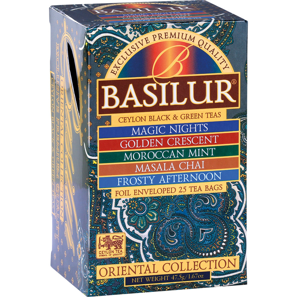Theemelange van 5 soorten Zwarte en Groene Thee "Basilur Oriental Collection", 25 theezakjes