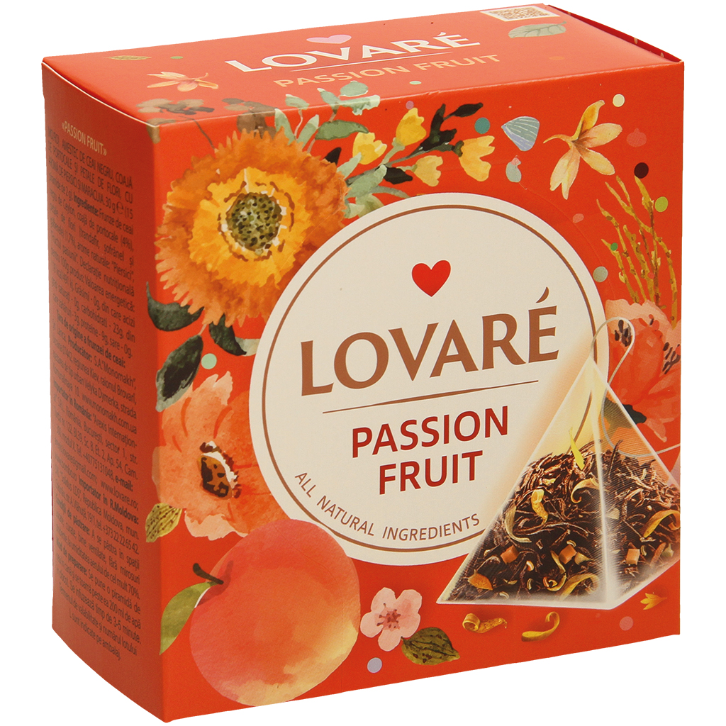 Lovare Passievrucht - Geparfumeerde Zwarte Thee met Fruit, Karthamom Bloemblaadjes, Perzik Smaak en Passievrucht Smaak, in Piramidef