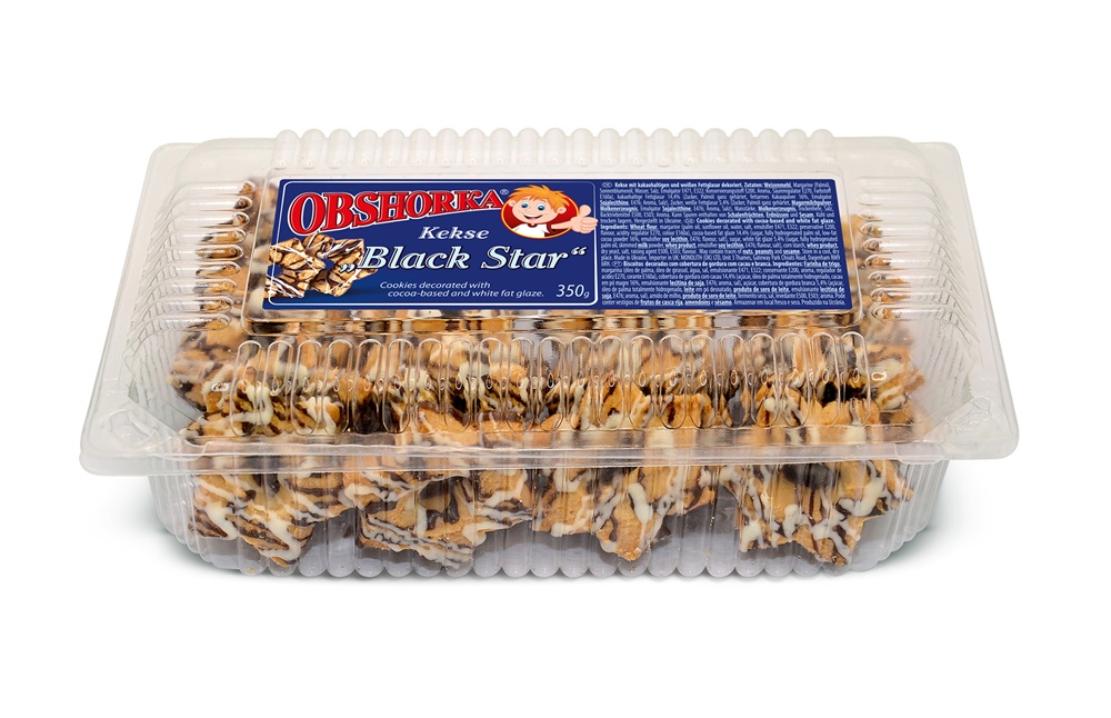 "OBSCHORKA" Koekjes "Black Star" versierd met cacaohoudende en witte vetglazuur