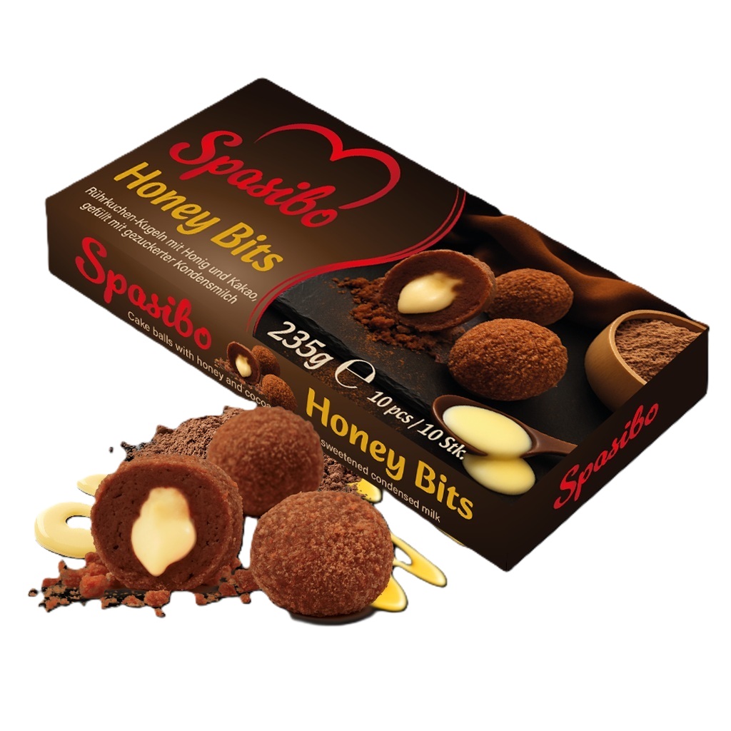 Roerkoekballen met honing (2,9%) en cacao, gevuld met gezoete gecondenseerde melk, diepgevroren.