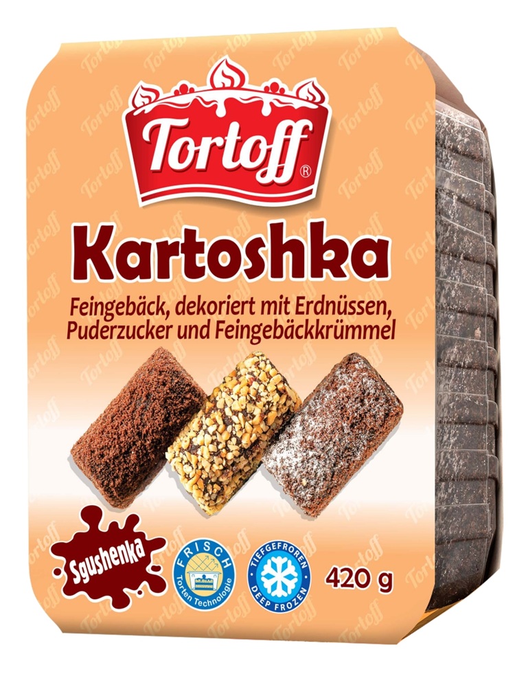 "Tortoff Kartoshka" Fijngebak, versierd met pinda's, poeders