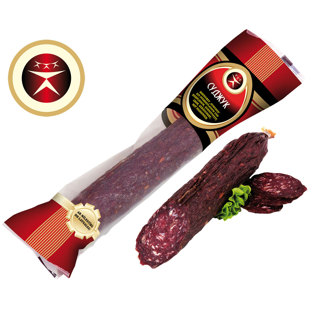 Rohworst "Sudzhuk" van paardenvlees en rundvlees, snijdbaar, grof, gerookt, met vleesaroma.