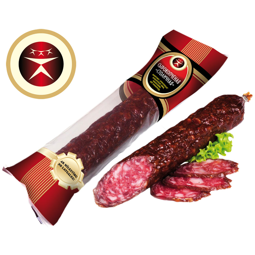 Rauwworst "Stolichnaja", snijvast, grof, gerookt, met sojaproteïne, met vleesaroma