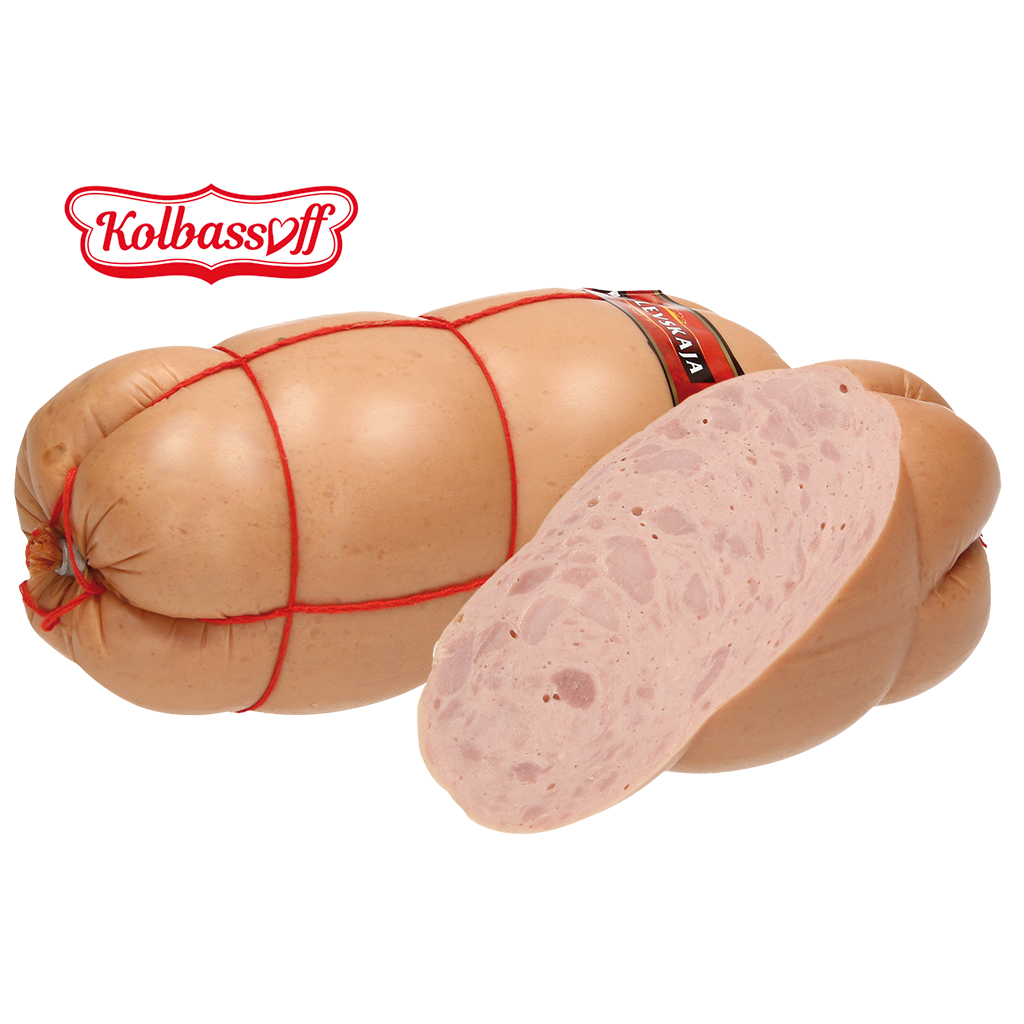Мелко измельченная вареная колбаса "Rublevskaja", с вложенными кусочками с ароматом дыма, с гиролизатом сои и добавлением воды.