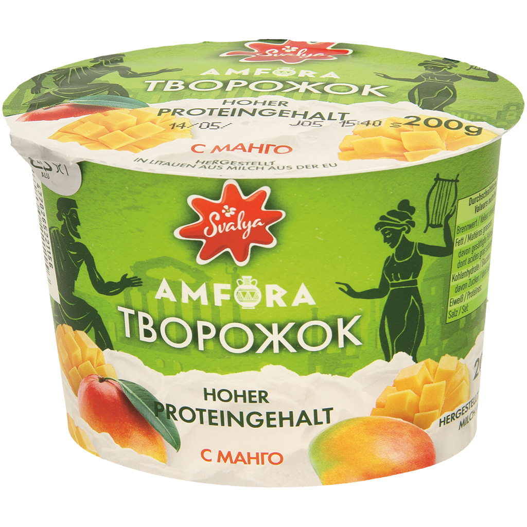Frischkaasbereiding naar Griekse stijl, met gearomatiseerde mangobereiding, magere melkvariant. Hoog eiwitgehalte. Lactosevrij.