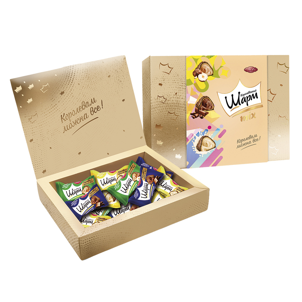 “Korolivsky Sharm” Confettimix. Gevulde wafelconfiserie omhuld met cacaohoudende vetglazuur (35,5%) met vullingen (57%): melk vulling, hazelnootvulling, chocoladesmaak vulling.
