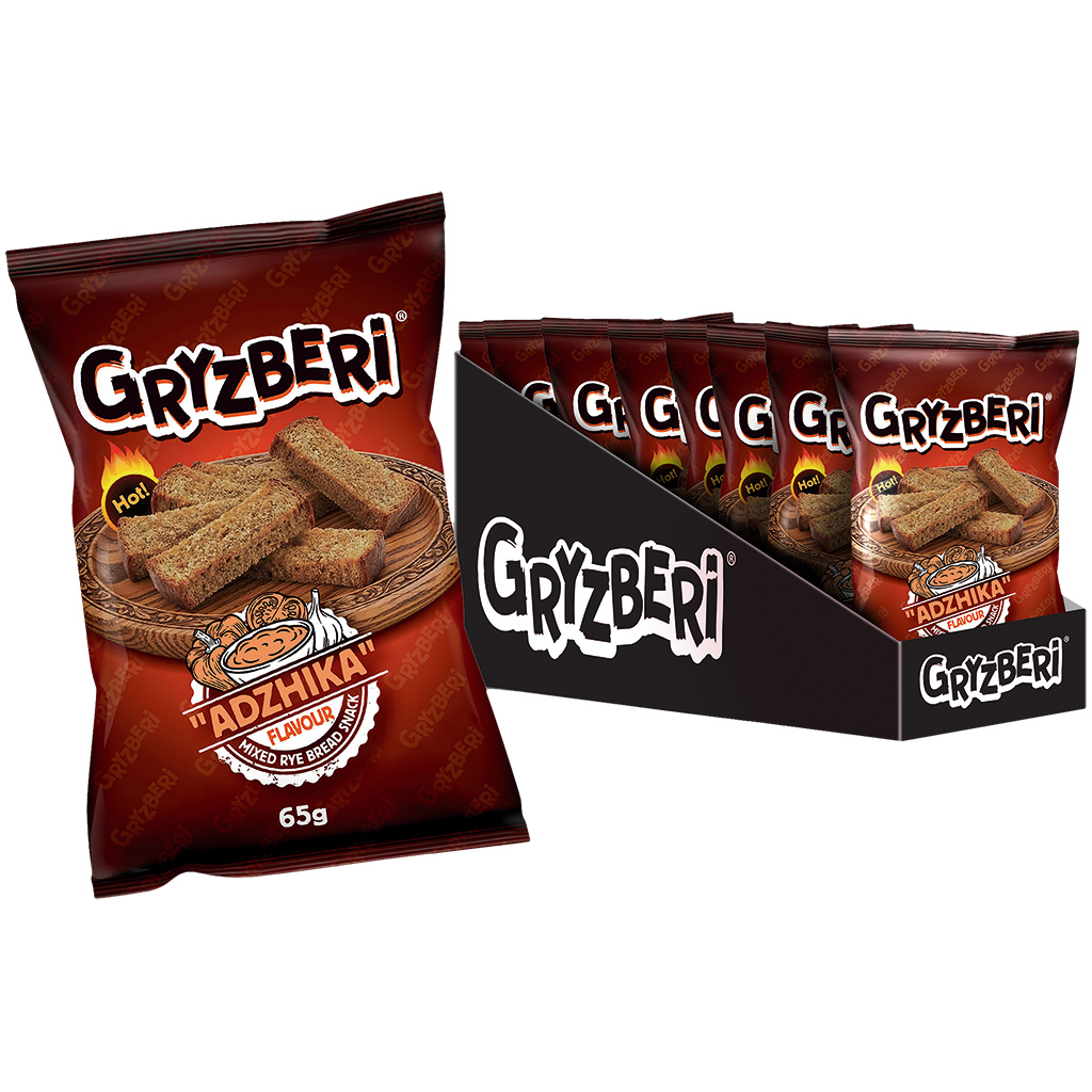 "GRYZBERI" Snack van roggenmixbrood met "Adzhika"-smaak, pittig.