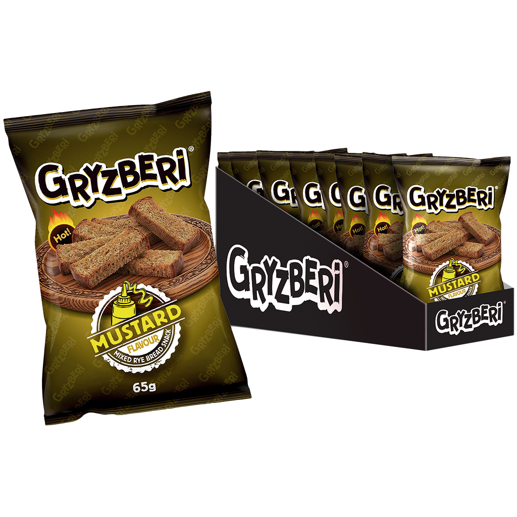 "GRYZBERI" Snack van roggebroodmix met mostersmaak, pittig.