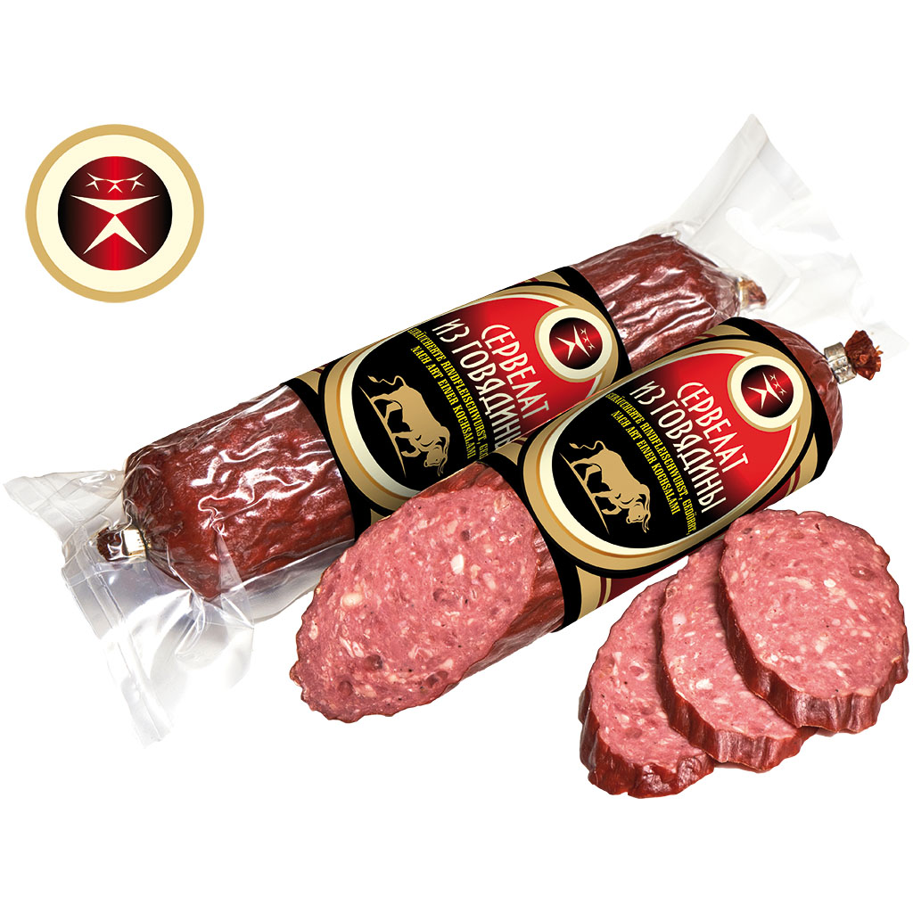 Gerookte rundvleesworst naar de stijl van een kooksalami, gedroogd, met aardappelzetmeel