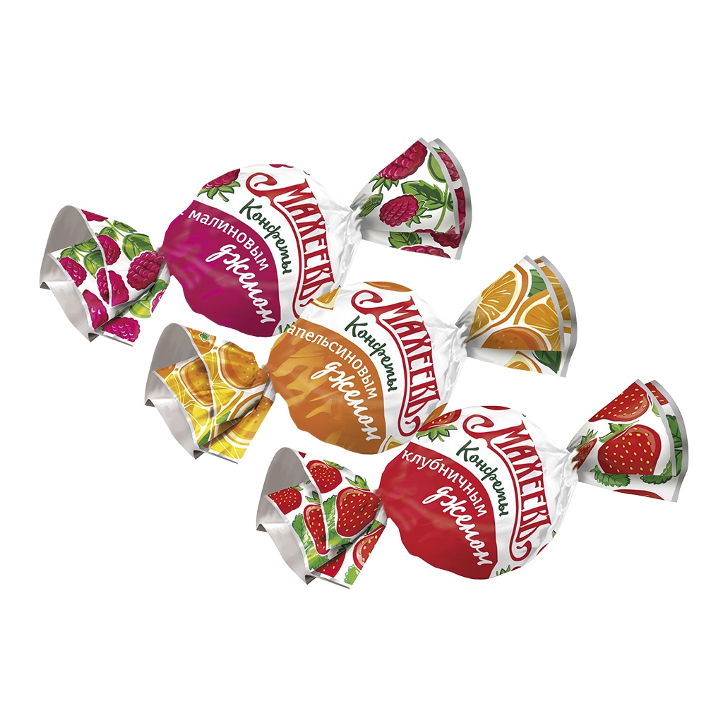 Konfekt-assorti "Aardbei", "Framboos", "Sinaasappel" met fruitvulling en aroma's, in cacao-houdende vetglazuur (23%)