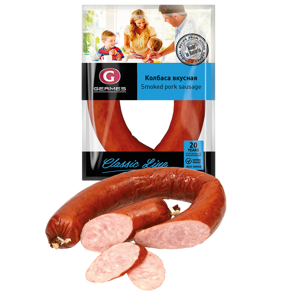 Brühworst "Kolbasa Wkusnaja" naar Krakause stijl gerookt