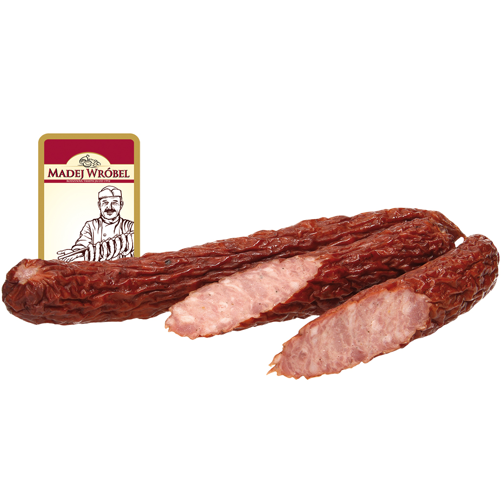 Brühworst met kalkoen- en varkensvlees, middelgrof verkleind, gedroogd en verfijnd met rookaroma, met maïseiwit-hydrolysaat.