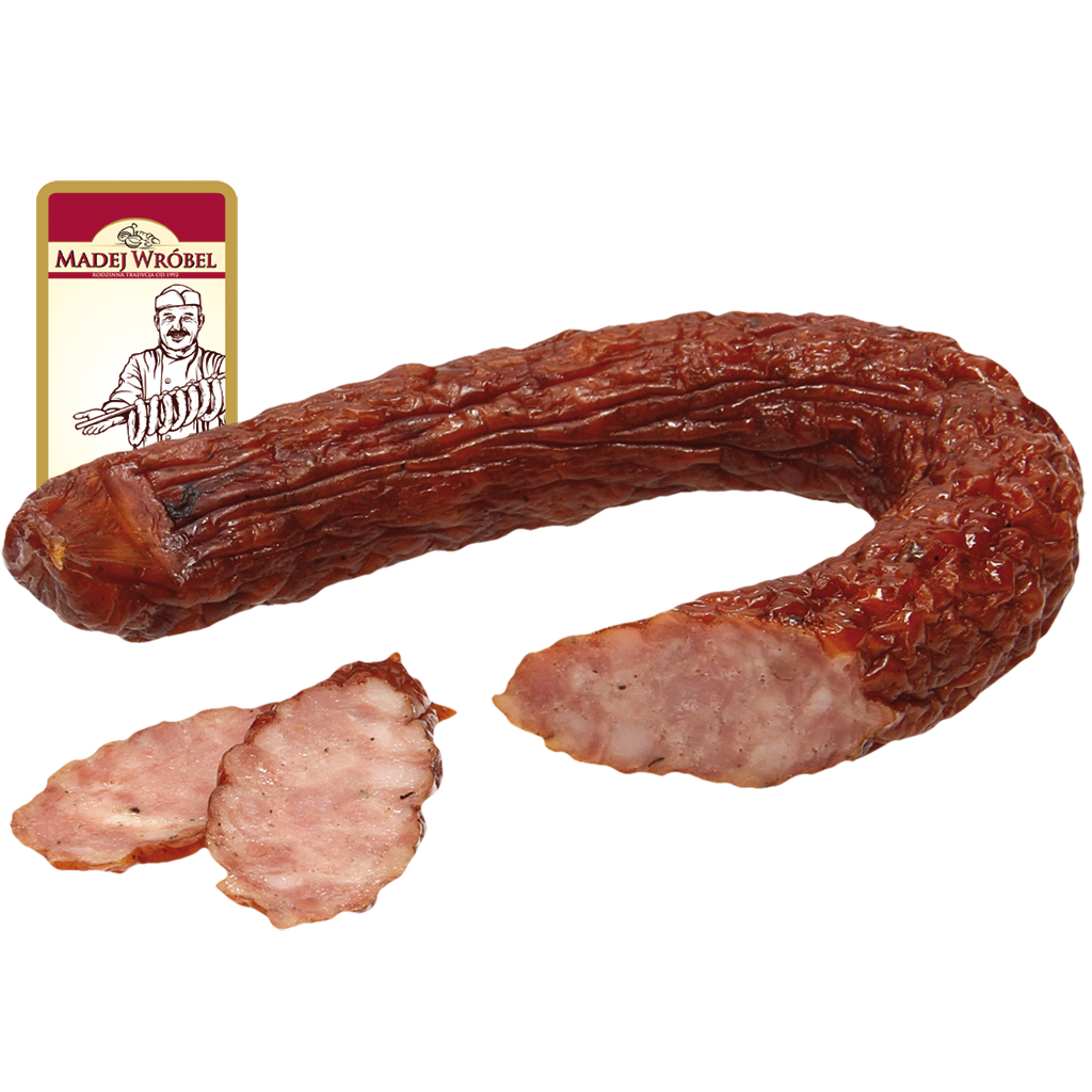 Grove hamworst met jeneverbes, gezouten, gerookt, gedroogd. Met rookaroma. Met varkensbindweefsel-eiwit.