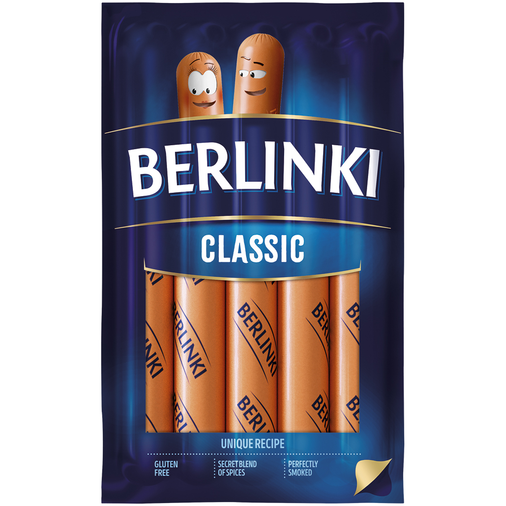 "BERLINKI" Сосиски из свинины и курицы, копчёные, ошпаренные