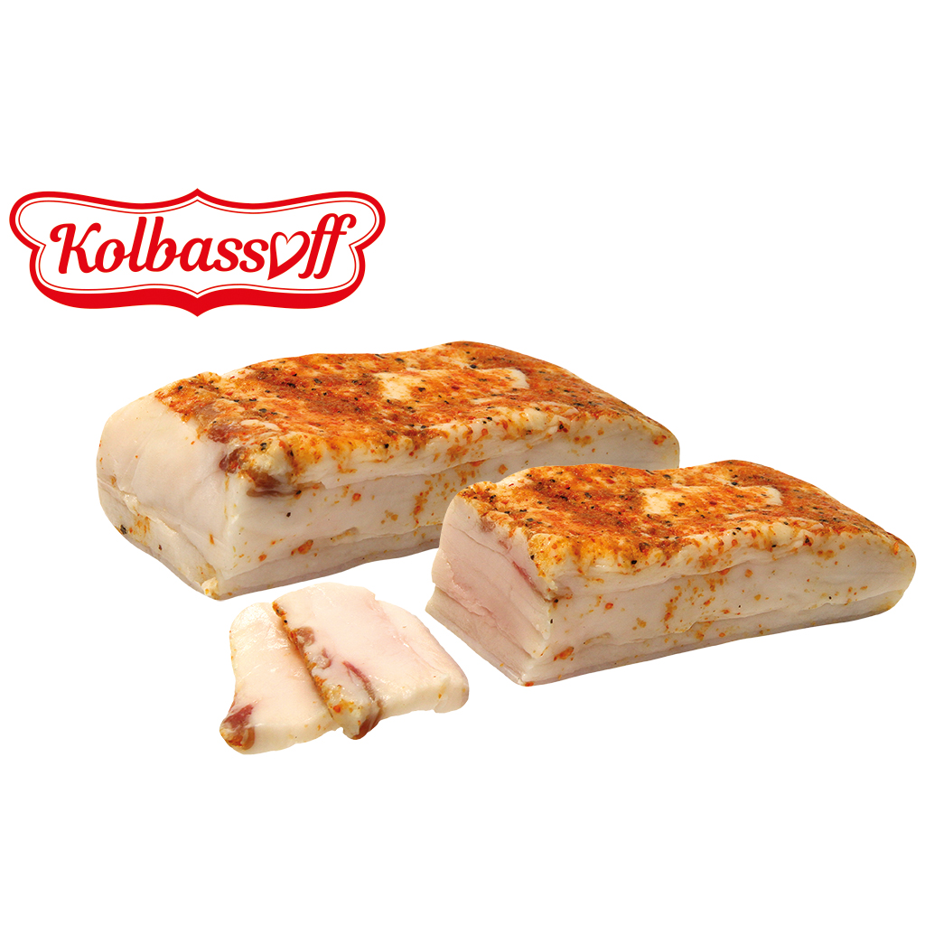 Varkensrugvet "Derevenskoe" gezouten en gekruid