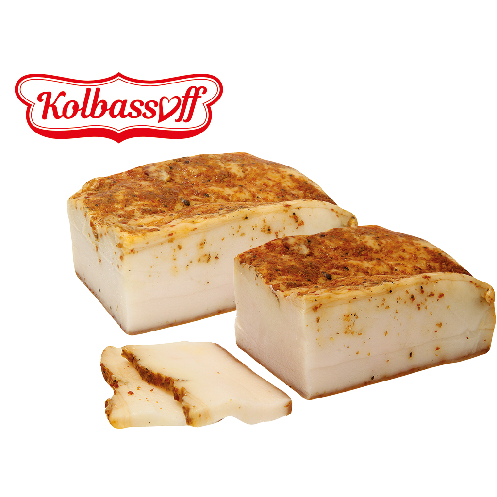 Varkensrugvet "Derevenskoe", gezouten, gekruid en gerookt