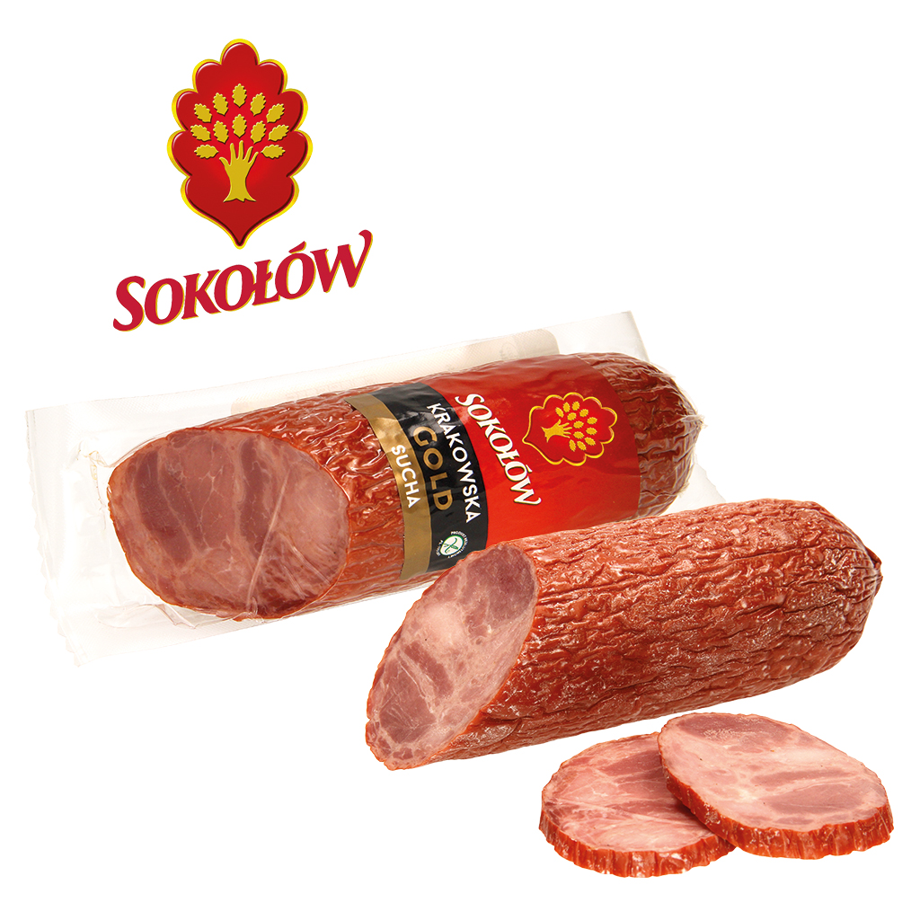 Varkensvleesworst met rundvlees "KRAKOWSKA". Gerookt, gekookt, gedroogd.