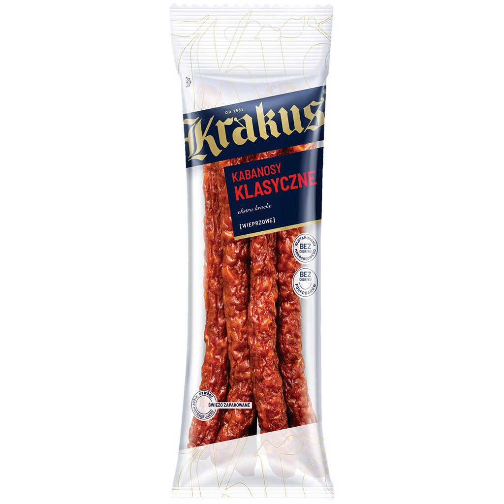 Worst van varkensvlees "Kabanossi Classic", middelgrof gehakt, gerookt, gebraden, gedroogd.