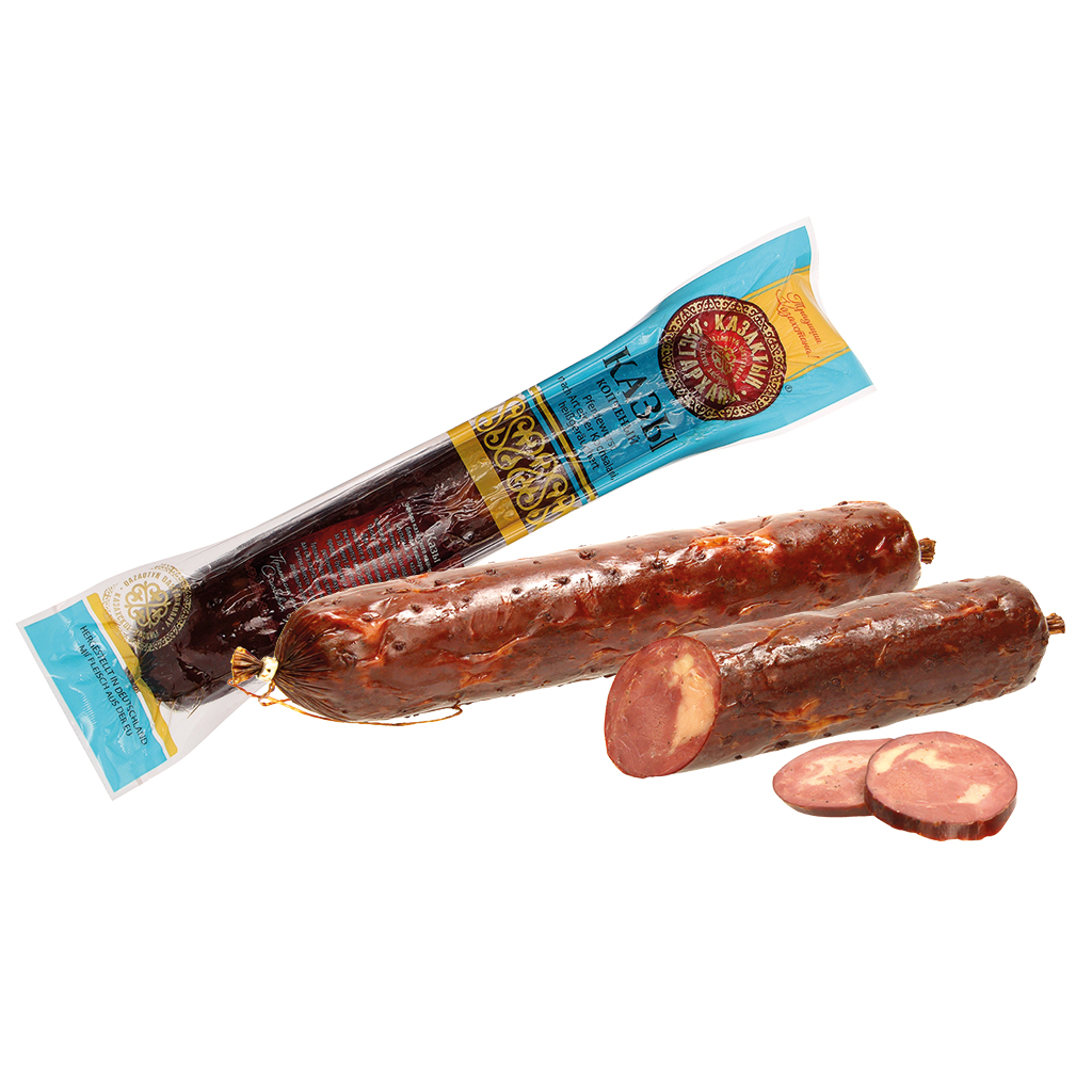 Paardenworst "Kazy koptschonyj" naar de stijl van een kooksalami, heet gerookt